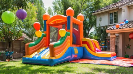 A birthday party with a bounce house and inflatable slide.  - obrazy, fototapety, plakaty