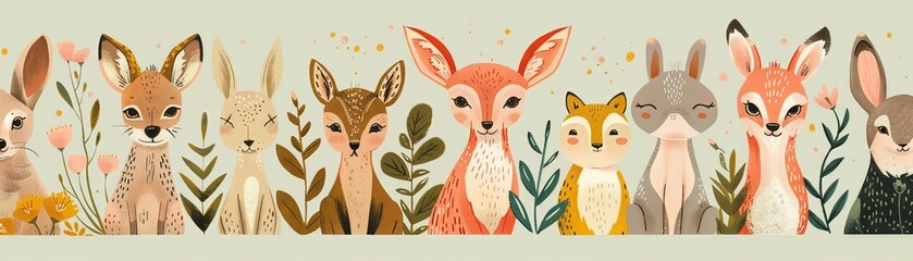 Animal portraits in a pastel color palette capture the essence of whimsical designs and folk art ,...