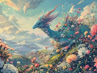 Fantasy creatures roam through surreal landscapes adorned with floral patterns , teleport