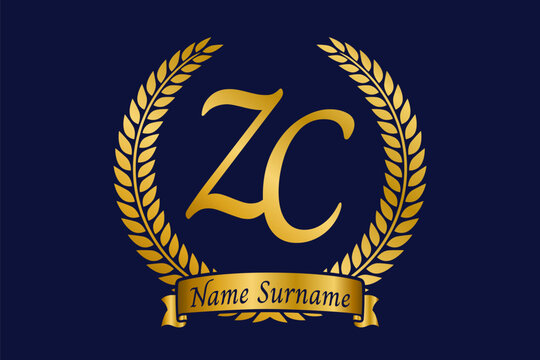 Initial letter Z and C, ZC monogram logo design with laurel wreath. Luxury golden calligraphy font.