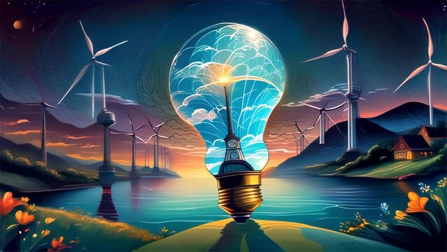 A conceptual image of a light bulb with a landscape and wind turbines within, representing sustainable energy