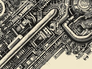 Steampunk gadgets are intricately detailed in handdrawn typography and vector graphics , close up