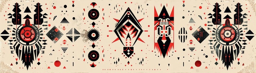 Tribal tattoos influence minimalist illustrations, blending tribal art motifs with geometric shapes , teleport - obrazy, fototapety, plakaty
