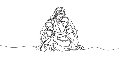 continuous one line drawing of Jesus Christ hugging a child. Vector illustration.