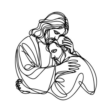 recommend clip art: One continuous line draws Jesus hugging a sinner