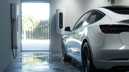 Electric Vehicle in the garage with chargers on the wall, minimal, EV car, white accent, home charging station
