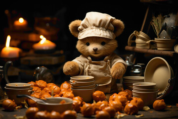 A brown baby bear in a chef's hat, cooking up a storm with toy pots and pans on a brown background.