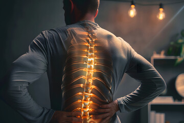 Back pain visualized in augmented reality, old man suffering from crippling back pain, chronic pain visualized as red lines shooting out of the spine. - obrazy, fototapety, plakaty