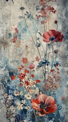 Vintage floral art with poppies and textured background