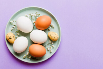 Happy Easter composition. Easter eggs in basket on colored table with gypsophila. Natural dyed...