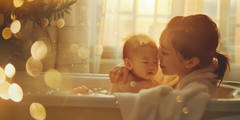mother tenderly bathing her infant child in a bathtub