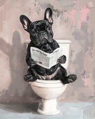 modern art illustration of a realistic french bulldog sitting on toilet while reading newspaper in bathroom