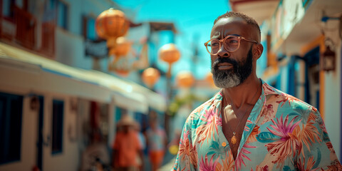 Trendy man with glasses and a summer shirt amidst street with hanging decorations.