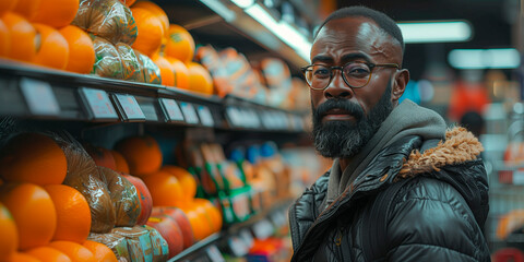 A bearded man in glasses shopping for fruit in a grocery store.