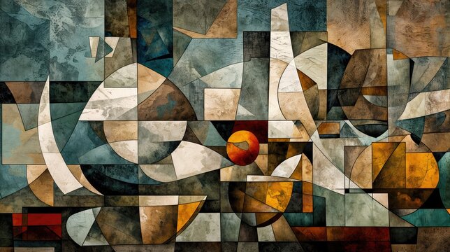 An abstract geometric artwork with muted colors and a brown background