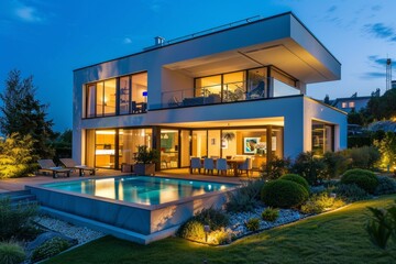 Elegance After Dusk: Modern House Exterior with Ambient Lighting