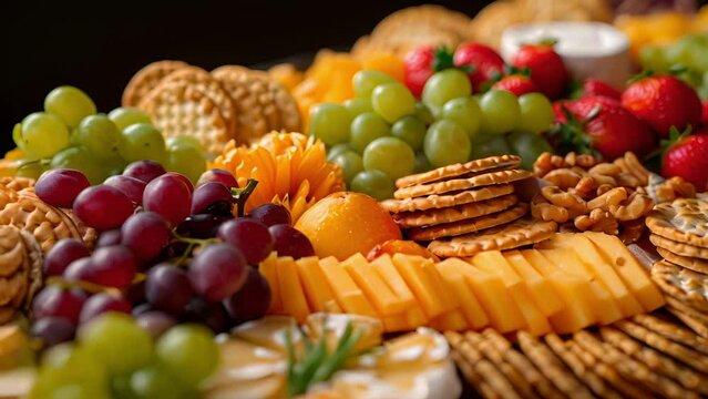 A closeup of a cheese and charerie board with an assortment of crackers fruits and nuts.
