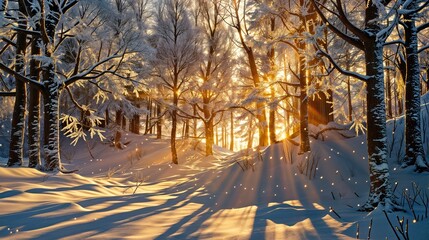 Depicts A snow covered forest during sunset the trees are covered
