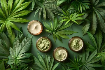 Fototapeta na wymiar Marijuana Leaves Surrounding Three Bowls of Cream