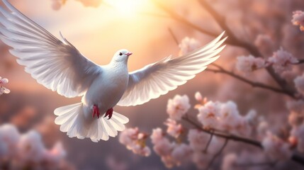 White dove flying under sunlight with sakura trees in the background, serene nature scene