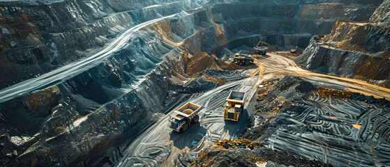 Aerial drone shot, open pit mine with dump trucks on sunny day, bright, sunny, natural light - obrazy, fototapety, plakaty