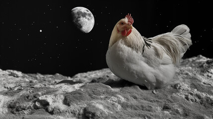 Zbliżenie na białego kurczaka siedzącego na powierzchni kosmicznej asteroidy