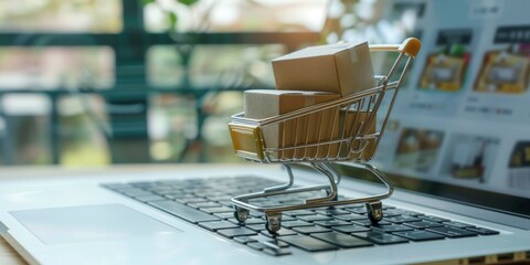 shopping cart filled with carton boxes positioned on a laptop, delivery tracking or e-commerce