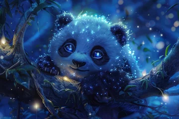 Gartenposter An enchanting scene of a cute panda with sparkling eyes, engaging in fantastical exploits, blending magic realism © nattasit