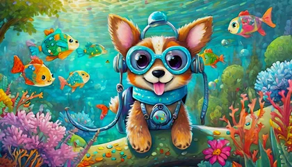 Tuinposter OIL PAINTING STYLE Cartoon character cute dog Scuba diver tropical fish background  © stefanelo