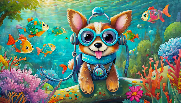 OIL PAINTING STYLE Cartoon character cute dog Scuba diver tropical fish background 