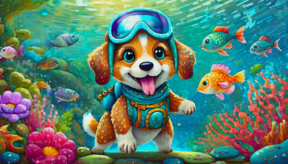 OIL PAINTING STYLE Cartoon character cute dog Scuba diver tropical fish background 