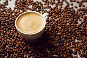 Cup of Creamy Cappuccino Surrounded by Roasted Coffee Beans on Table