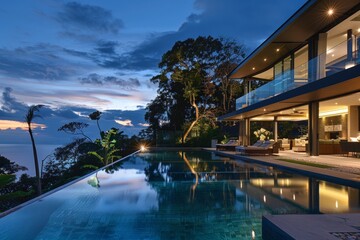 Obraz premium Sunset Serenity: Modern Waterfront Villa with Infinity Pool