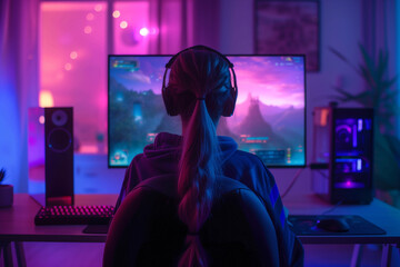 A gamer girl is sitting in front of a computer monitor playing a game