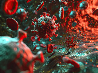 High-resolution image of the Herpes Simplex Virus (HSV) near human nerve cells. Virus's icosahedral structure and the way it interacts with the nervous system, causing blisters and sores. AI