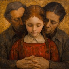 Surrounded by her parents' arms, a young girl finds solace, her worries dissipating in the warmth of their loving embrace - obrazy, fototapety, plakaty