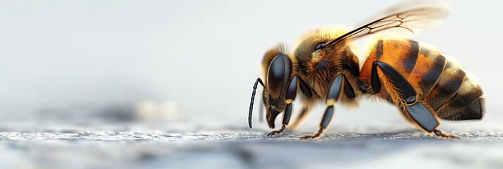 Detailed macro shot of a bee against a light gray blurred background - obrazy, fototapety, plakaty