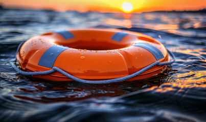 A lifeboat floating on the open sea at sunset, symbolising rescue, safety and hope.