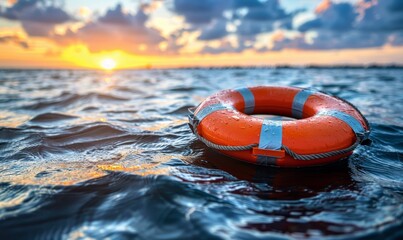 Obraz premium A lifeboat floating on the open sea at sunset, symbolising rescue, safety and hope.