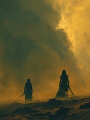 Desert wasteland shrouded in smoke, a scene of survival where a fierce young woman, garbed as a warrior with a sword, and a boy armed with a gun and chain, stand resilient against the desolation