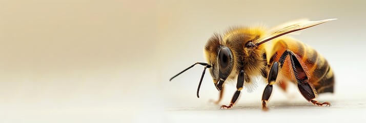 Detailed macro shot of a honeybee on a light beige background with space for text - obrazy, fototapety, plakaty