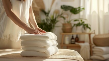 woman arranges a stack of fresh towels