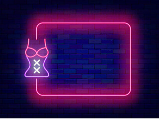 Sex shop neon advertising. Empty pink frame and underwear corset. Woman lingerie store. Adult wear. Copy space. Glowing poster. Editable stroke. Vector stock illustration - obrazy, fototapety, plakaty