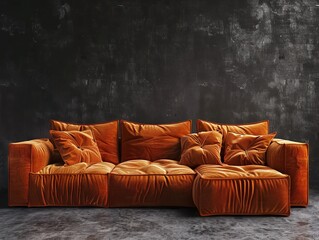  large sofa with plush orange cushions against a black background