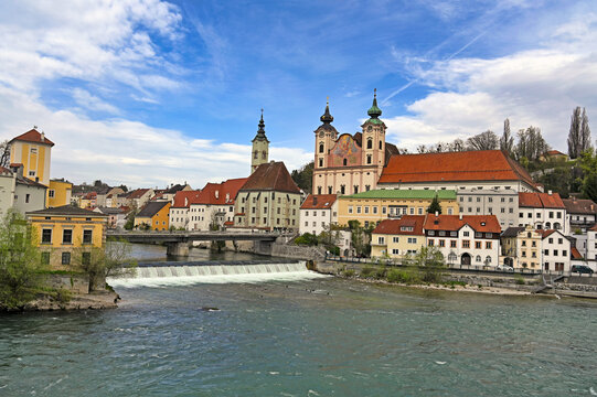 Panoramic view of the dam and the Steyr city Austria