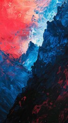 Abstract acrylic painting with vibrant red and blue colors