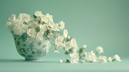 White blossoms in a vase with blue floral pattern against a teal background