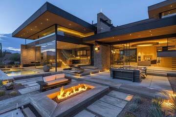 Desert Dusk Elegance: Contemporary Home with Fire Pit and Water Features