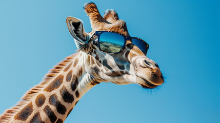 Giraffe with Sunglasses on Clear Blue Sky - Funny Travel Summer Holiday Background