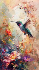 Colorful hummingbird and flowers painting